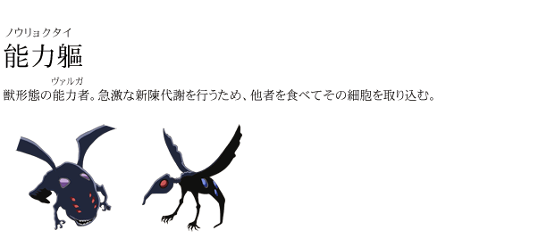 能力軀 獣形態の能力者。急激な新陳代謝を行うため、他者を食べてその細胞を取り込む。