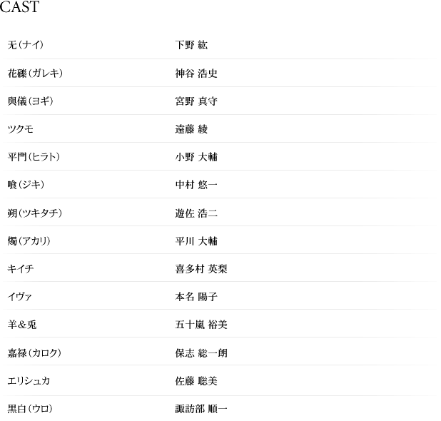 CAST	无（ナイ）下野 紘花礫（ガレキ）神谷 浩史與儀（ヨギ）宮野 真守ツクモ遠藤 綾平門（ヒラト）小野 大輔喰（ジキ）中村 悠一朔（ツキタチ）遊佐 浩二燭（アカリ）平川 大輔キイチ喜多村英梨イヴァ本名陽子羊＆兎五十嵐裕美嘉禄（カロク）保志総一朗